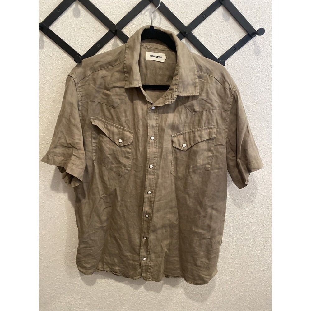 Taylor Stitch Linen Snap Shirt Relaxed Fit Size 44 LARGE Olive Tan Western